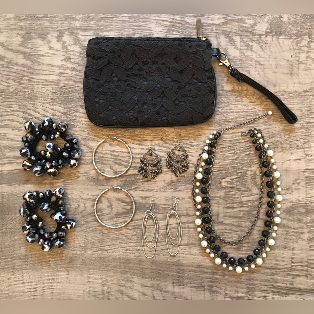 Vintage Black and Silver Tone Costume Jewelry and Wristlet Lot